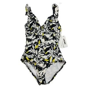 DKNY Ruffle Neck One Piece Swimsuit Fluro Yellow Multi Black Small New